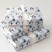 Watercolor Pine Tree Gift Wrap, Adorable Penguin Christmas Wrapping Paper, Winter Penguin Holiday Wrapping Paper, Festive Kids Gift Wrap Roll