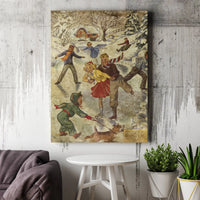 Nostalgic Winter Snow Scene Canvas, Vintage Ice Skating Canvas Wall Art, Christmas Holiday Wall Decor Canvas Print, Seasonal Home Decor