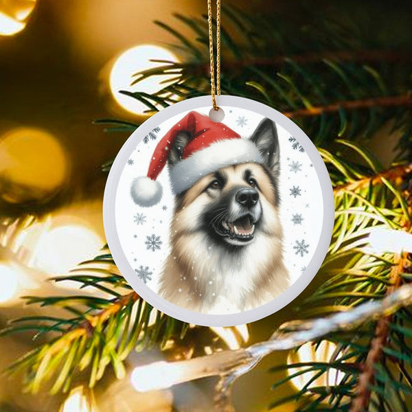 Santa Hat Dog Art Ornament, American Akita Christmas Ornament, Ceramic Puppy Tree Ornament, Winter Holiday Pet Keepsake, Dog 