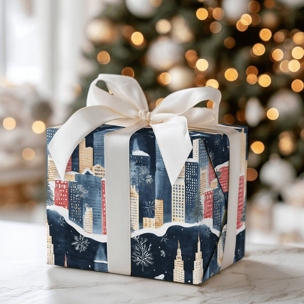 Watercolor Snowy Urban Gift Wrap, Winter City Skyline Wrapping Paper, Festive Christmas City Present Wrap, Holiday Packaging 