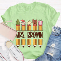 Custom Name Holiday Graphic Tee, Personalized Christmas Pencil Shirt, Adorable Teacher Christmas T-Shirt, Back to School Xmas Season Present