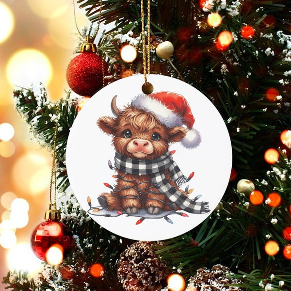 Santa Hat Calf Ceramic Ornament, Baby Highland Cow Christmas Ornament, Plaid Scarf Farm Animal Ornament, Festive Tree Decor, 