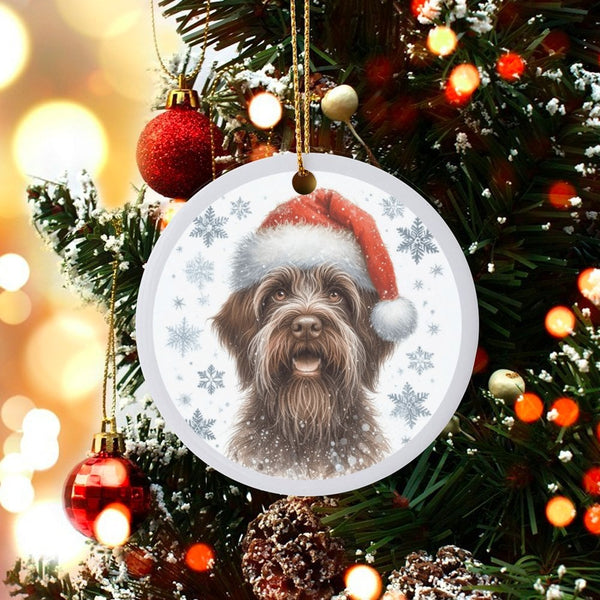 Dog in Santa Hat Ornament, German Wirehaired Pointer Christmas Ornament, Ceramic Dog Breed Ornament, Holiday Tree Decor, Dog 