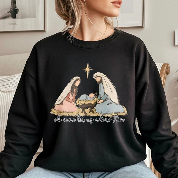 Oh Come Let Us Adore Him Sweater, Nativity Scene Sweatshirt, Christian Christmas Crewneck, Religious Holiday Sweatshirt
