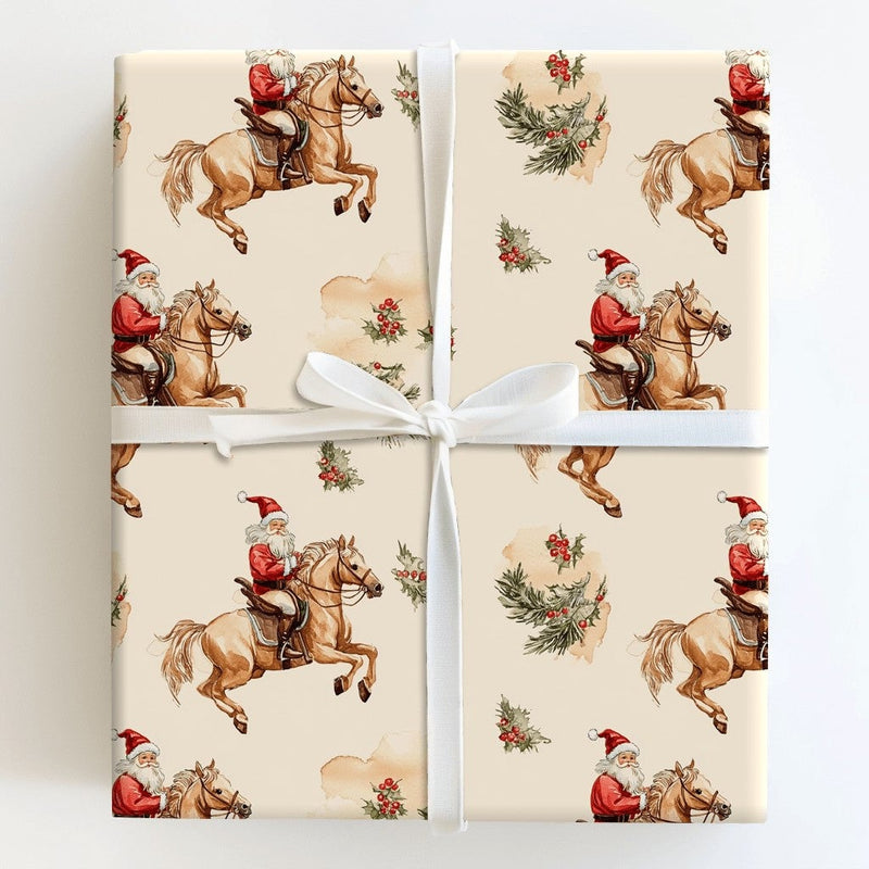 Vintage Horse Christmas Gift Wrap, Equestrian Santa Wrapping Paper, Watercolor Holiday Present Wrapping Paper, Rustic Country Holiday Wrap