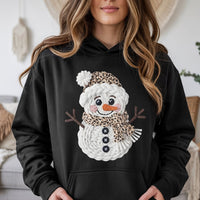 Faux Yarn Knitted Christmas Sweatshirt, Leopard Print Snowman Hoodie, Winter Snowman Graphic Hoodie, Adorable Holiday Snowman Pullover Present