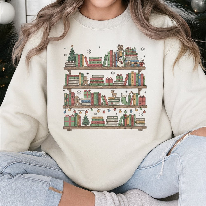 Holiday Library Tree Graphic Sweater, Christmas Bookshelf Sweatshirt, Book Lover Christmas Pullover, Comfy Bookish Reader Xmas Crewneck