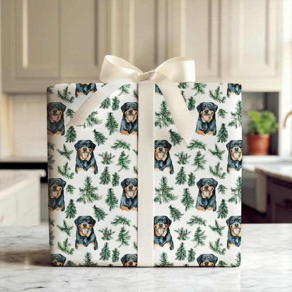 Watercolor Dog Holiday Gift Wrap, Rottweiler Christmas Wrapping Paper, Festive Puppy Tree Wrapping Paper, Dog Lover Gift Wrap