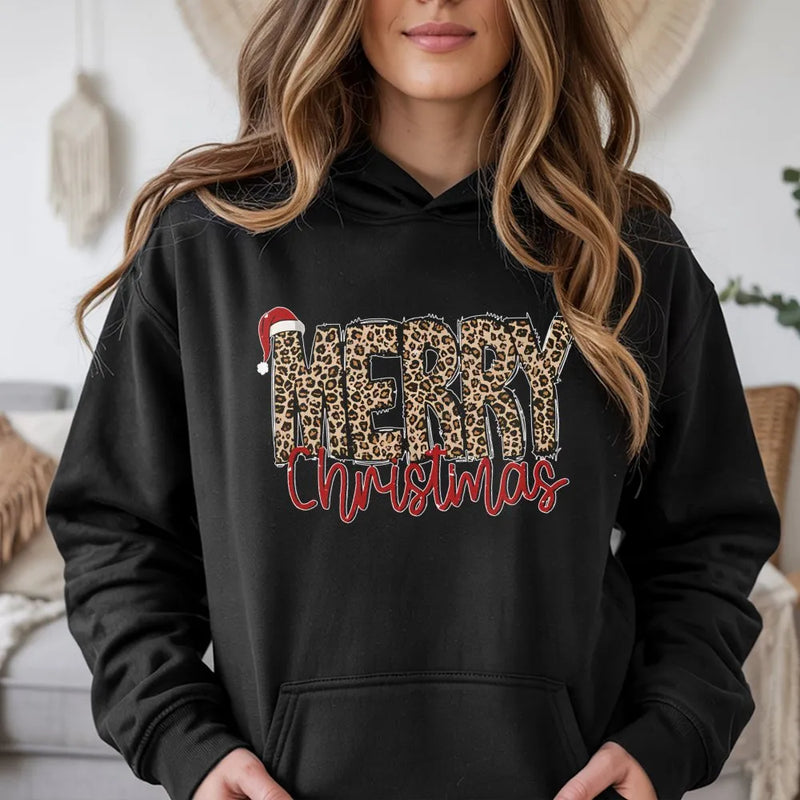 Festive Santa Hat Holiday Hoodie, Merry Christmas Leopard Print Hoodie, Adorable Animal Print Hooded Sweatshirt, Comfy Winter Loungewear Present