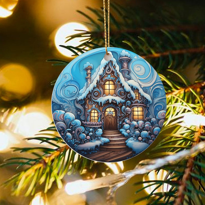 Winter Wonderland Cottage Ornament, Snowy Gingerbread House Ornament, Whimsical Gingerbread Christmas Ornament, Holiday Tree Decor Present