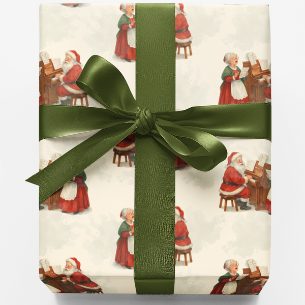 Vintage Christmas Gift Wrap Roll, Santa and Mrs Claus Piano Wrapping Paper, Retro Holiday Wrapping Paper, Festive Present Wra