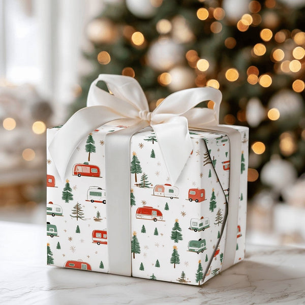 Retro Holiday Trailer Wrapping Paper, Vintage Christmas Camper Wrapping Paper, Outdoor Pine Tree Wrapping Paper