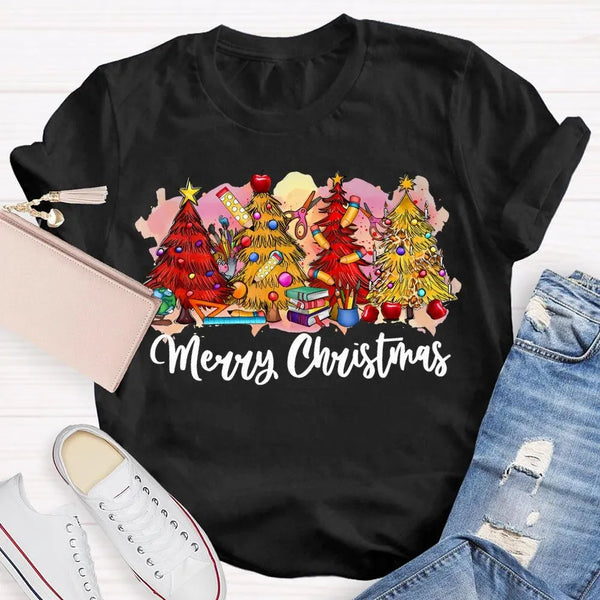 Festive Holiday Tree Graphic Tee, Merry Christmas Colorful Tree T-Shirt, Retro Xmas Tree Shirt, Winter Holiday Apparel, Chris