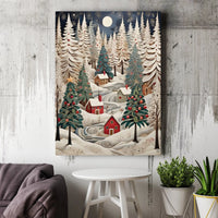 Winter Forest Papercraft Canvas Print, Snowy Christmas Village Canvas Wall Art, Holiday Village Canvas Decor, Festive Snow Landscape Print