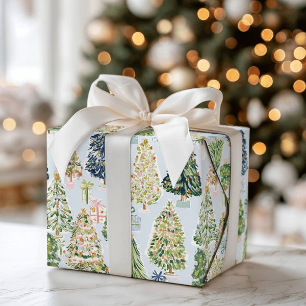 Whimsical Holiday Gift Wrap, Watercolor Christmas Tree Wrapping Paper, Light Blue Xmas Tree Wrapping Paper, Seasonal Gift Wra