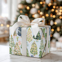 Whimsical Holiday Gift Wrap, Watercolor Christmas Tree Wrapping Paper, Light Blue Xmas Tree Wrapping Paper, Seasonal Gift Wrap Roll