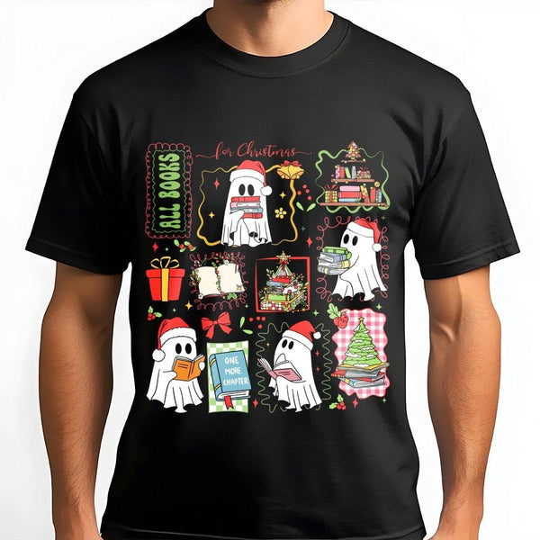 Adorable Reading Ghost Graphic Tee, Book Lover Christmas T-Shirt, Holiday Bookish Shirt, Spooky Reader Tee, Librarian Christm
