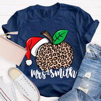 Custom Name Christmas T-Shirt, Personalized Leopard Santa Hat Shirt, Festive Holiday Graphic Tee, Comfy Xmas Present for Her, Adorable Top