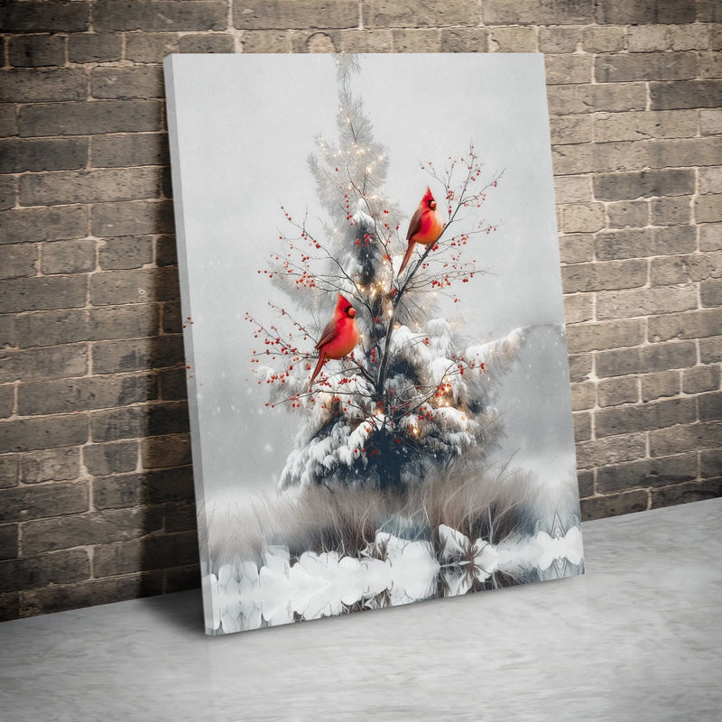 Snowy Winter Pine Branch Canvas Print, Red Cardinal Canvas Wall Art, Christmas Holiday Bird Decor, Rustic Nature Canvas Art Present