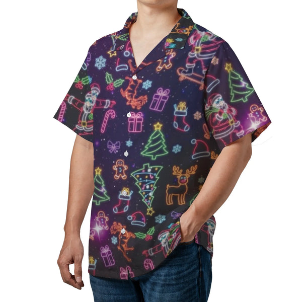 Neon Christmas Skateboarding Button Up Shirt, Dabbing Santa Hawaiian Shirt, Humorous Holiday Aloha Shirt, Retro Winter Party 