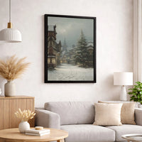 Vintage Winter Townscape Wall Art, Snowy Christmas Village Canvas, Festive Holiday Christmas Canvas Print, Comfy Seasonal Living Room Decor