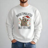 Humorous Xmas Raccoon Sweater, Overstimulated but Festive Raccoon Sweatshirt, Adorable Christmas Lights Crewneck, Ugly Holiday Party Sweater