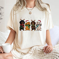 Festive Wiener Dog Holiday Graphic Tee, Dachshund Christmas T-Shirt, Adorable Xmas Dog Lover T-Shirt, Humorous Winter Animal Graphic Top