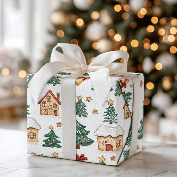 Gold Star Cottage Gift Wrap, Watercolor Christmas Village Wrapping Paper, Rustic Pine Tree Wrapping Paper, Whimsical Holiday 
