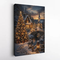 Snowy Church Winter Night Wall Art, Christmas Village Canvas, Christmas Tree Village Print, Holiday Cottage Scene Canvas Art