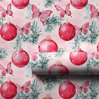 Red Ornament Gift Wrap, Pink Butterfly Christmas Wrapping Paper, Whimsical Winter Pine Present Wrap, Coquette Holiday Gift Wrapping Paper