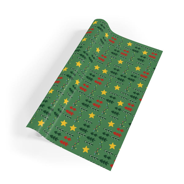 Festive Star and Lights Gift Wrap, Christmas Tree Wrapping Paper, Holiday Pattern Wrapping Paper, Xmas Present Paper Roll, Wi
