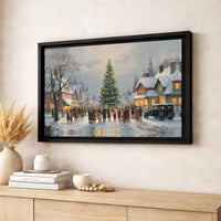 Snowy Tree Lighting Art Canvas, Vintage Christmas Village Wall Art, Holiday Village Print, Christmas Village Poster, Digital Download