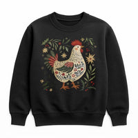 Folk Art Rooster Graphic Holiday Sweater, Christmas Chicken Sweatshirt, Comfy Country Farmhouse Crewneck, Winter Farmer Pullover