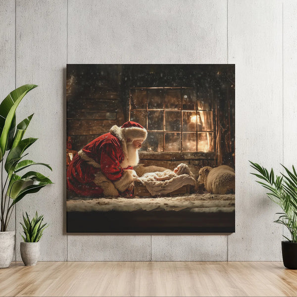 Nativity Scene Printable Poster, Santa Kneeling at Manger Wall Art, Christian Christmas Digital Download, Jesus Nativity Art 