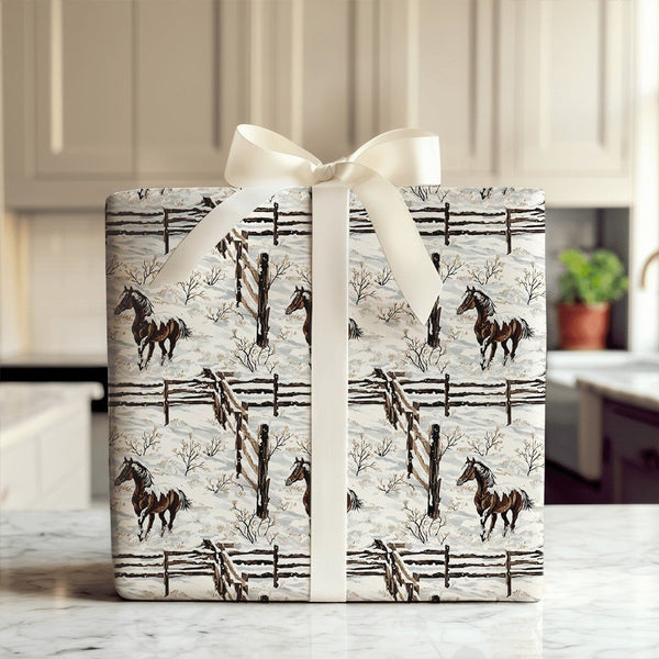 Snowy Equestrian Gift Wrap, Winter Horse Wrapping Paper, Rustic Pinto Horse Christmas Wrapping Paper, Farm Holiday Present Wr