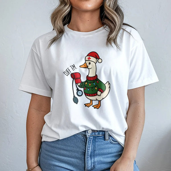Humorous Cuff Em Goose T-Shirt, Nurse Christmas Shirt, Holiday RN LPN Graphic Tee, Nursing Student Christmas T-Shirt, Medical