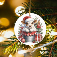 Adorable Calf in Santa Hat Ceramic Ornament, Baby Cow Christmas Ornament, Farmhouse Animal Holiday Ornament, Tree Decor Present for Animal Lovers