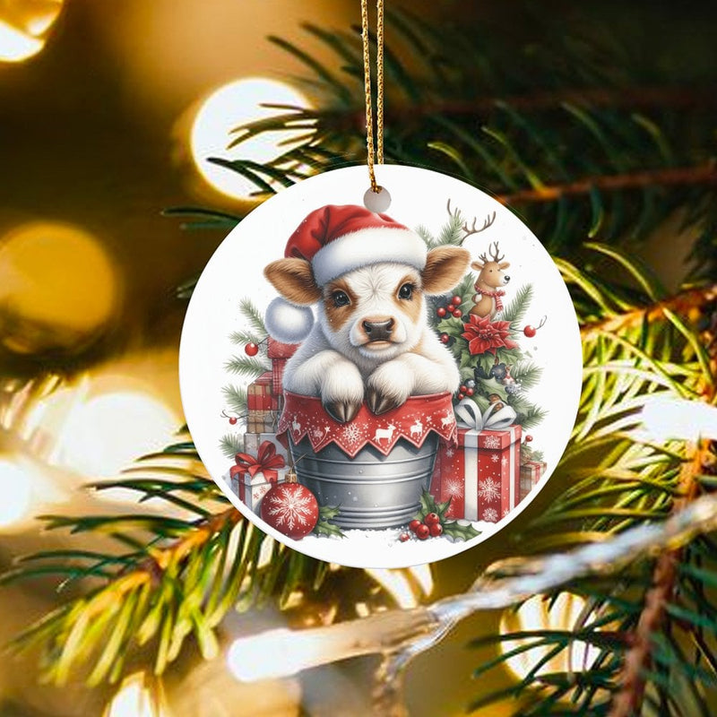 Adorable Calf in Santa Hat Ceramic Ornament, Baby Cow Christmas Ornament, Farmhouse Animal Holiday Ornament, Tree Decor Present for Animal Lovers
