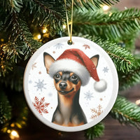 Santa Hat Min Pin Dog Ornament, Miniature Pinscher Christmas Ornament, Ceramic Puppy Tree Ornament, Holiday Keepsake Present for Dog Lovers