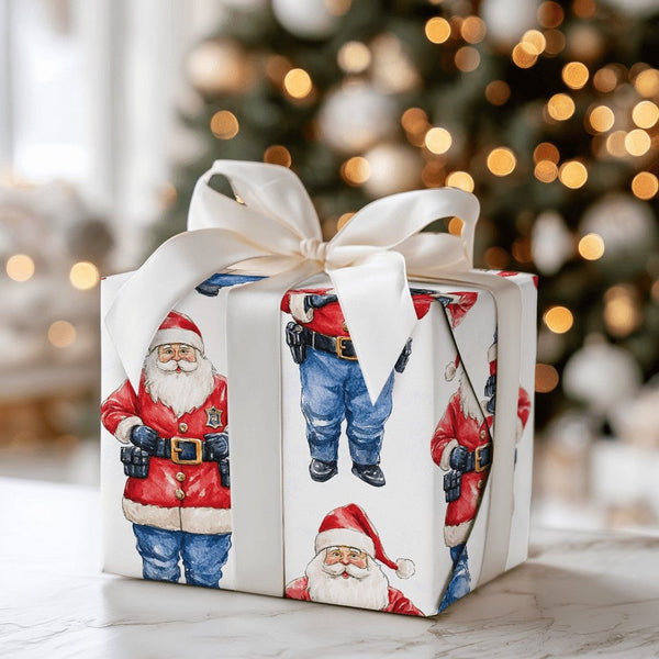 Law Enforcement Santa Claus Gift Wrap, Police Officer Santa Wrapping Paper, Cop Santa Holiday Paper, Christmas Present Wrappi