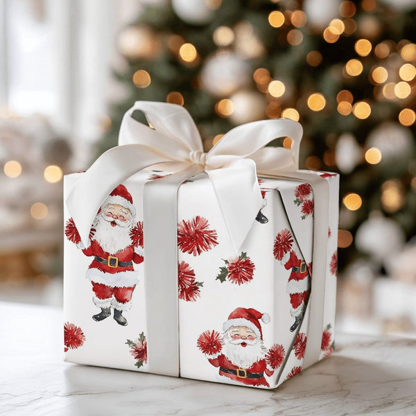 Pom Pom Santa Christmas Gift Wrap, Cheerleader Santa Wrapping Paper, Watercolor Whimsical Present Paper, Humorous Holiday Gif