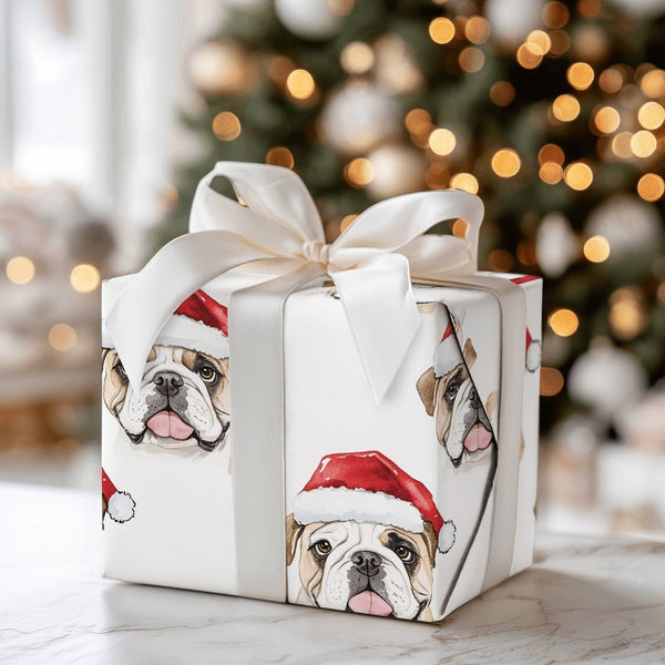 Santa Hat Dog Gift Wrap, English Bulldog Christmas Wrapping Paper, Adorable Puppy Present Wrap, Holiday Dog Lover Wrapping Pa