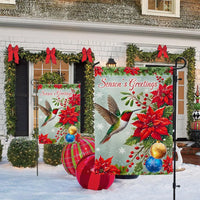Season's Greetings Poinsettia Yard Flag, Hummingbird Christmas Garden Flag, Double-Sided Floral Lawn Banner, Holiday Outdoor Flag