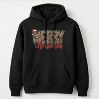 Festive Santa Hat Holiday Hoodie, Merry Christmas Leopard Print Hoodie, Adorable Animal Print Hooded Sweatshirt, Comfy Winter Loungewear Present