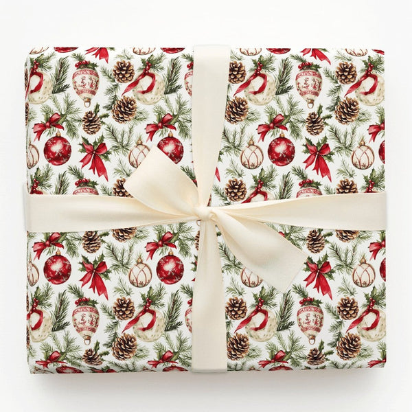 Vintage Holiday Pinecone Gift Wrap, Watercolor Christmas Ornament Wrapping Paper, Botanical Xmas Wrapping Paper, Elegant Wint