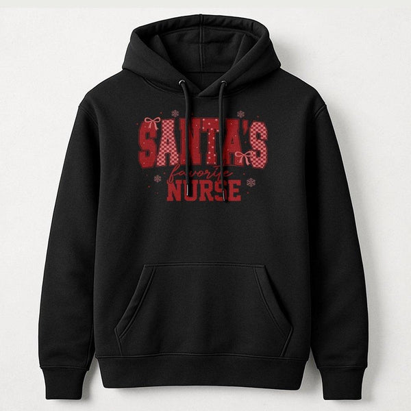Festive Plaid Christmas Nurse Sweatshirt, Santa's Favorite Nurse Hoodie, Adorable RN Holiday Hooded Pullover, Humorous Nurse 