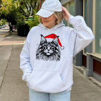 Santa Hat Graphic Kitten Sweatshirt, Maine Coon Cat Christmas Hoodie, Festive Pet Lover Pullover, Adorable Holiday Cat Mom Xmas Present