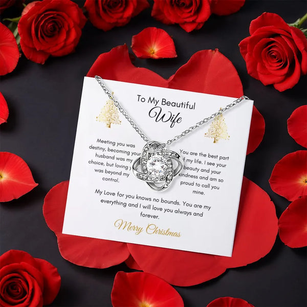 Sparkling CZ Crystal Romantic Pendant, Love Knot Necklace for Wife, White or Yellow Gold Finish Love Knot Necklace, Christmas