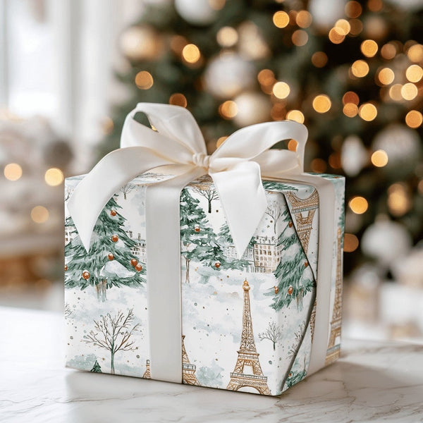 Snowy Winter City Gift Wrap, Paris Eiffel Tower Christmas Wrapping Paper, French Holiday Gift Wrapping Paper, Travel Lover Pr