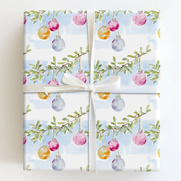 Hanging Bauble Holiday Gift Wrap, Watercolor Christmas Ornament Wrapping Paper, Winter Branch Present Paper, Festive Xmas Wra